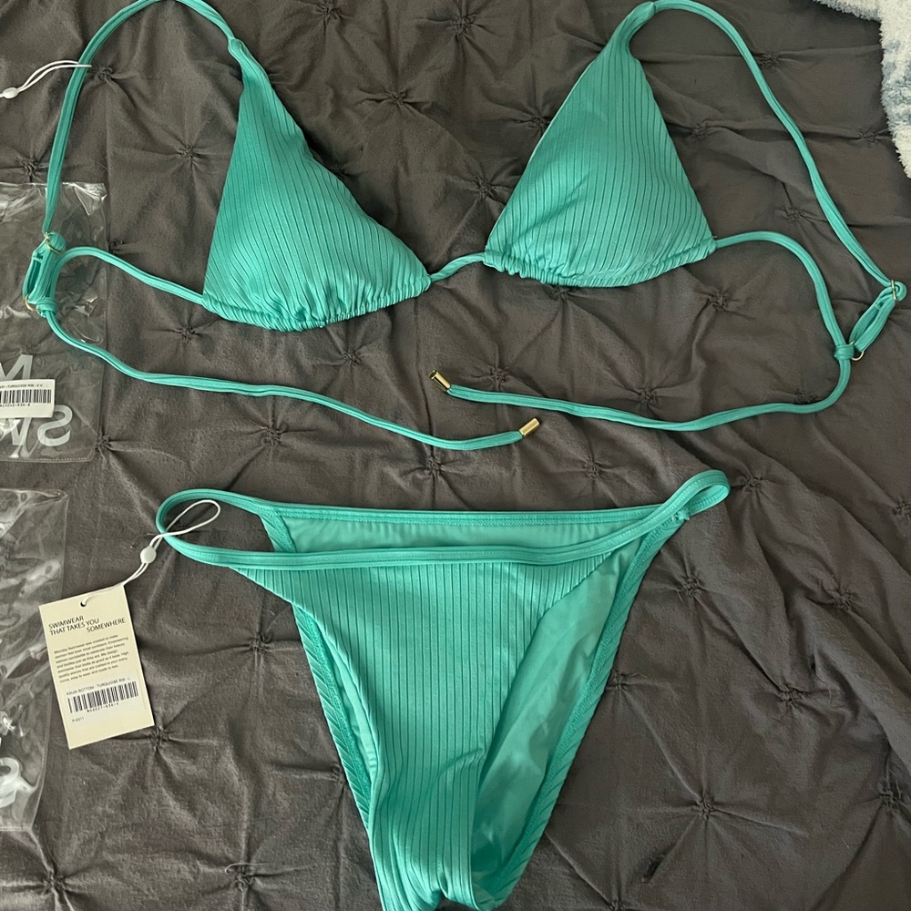 Monday Swimwear Ribbed Teal Triangle Bikini Set